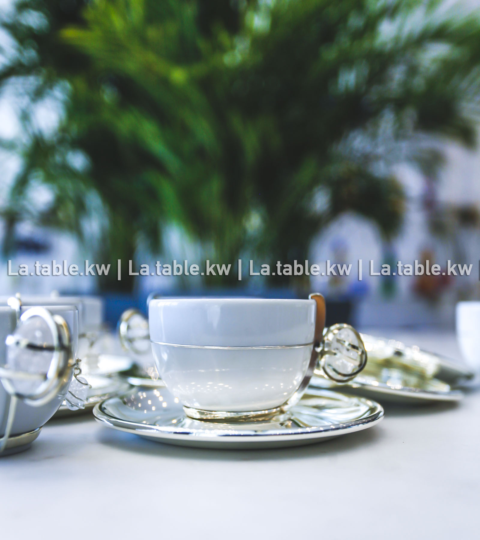 White Stone Ring Designed Chrome Espresso Cups /أكواب إسبريسو مطلية بالكروم بتصميم حلقة حجرية بيضاء