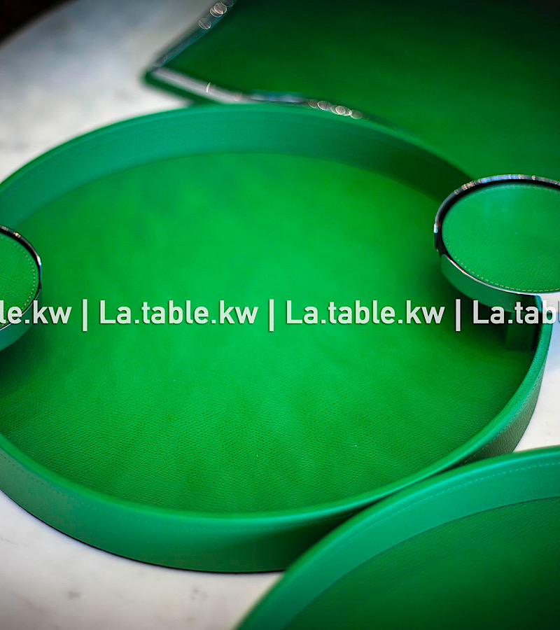 Dark Green Leather Round Tray /صينية دائريةمن الجلد باللون الأخضر الداكن