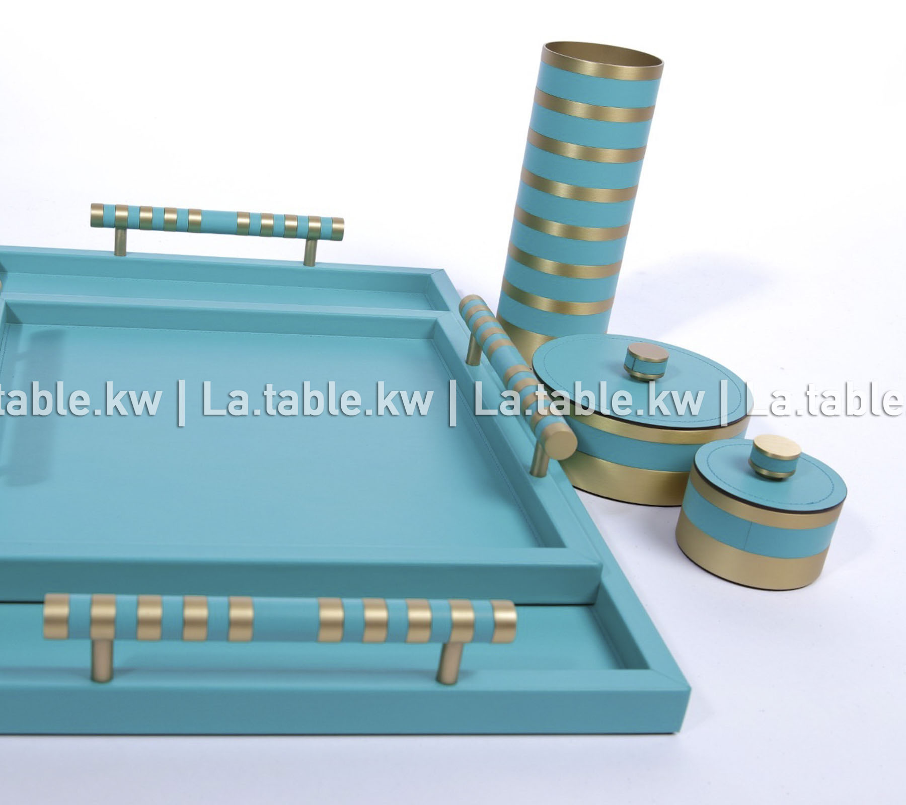 Turquoise Leather Tray with Gold Metal Details