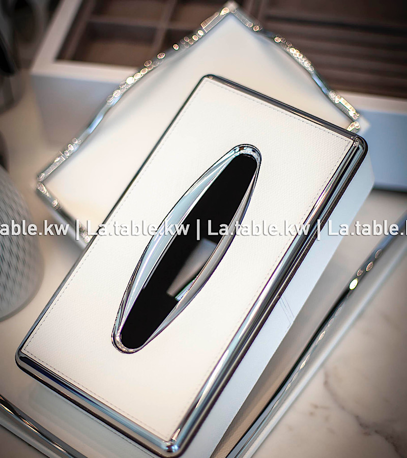 White Leather Tissue Box / علبة مناديل  من الجلد باللون الابيض