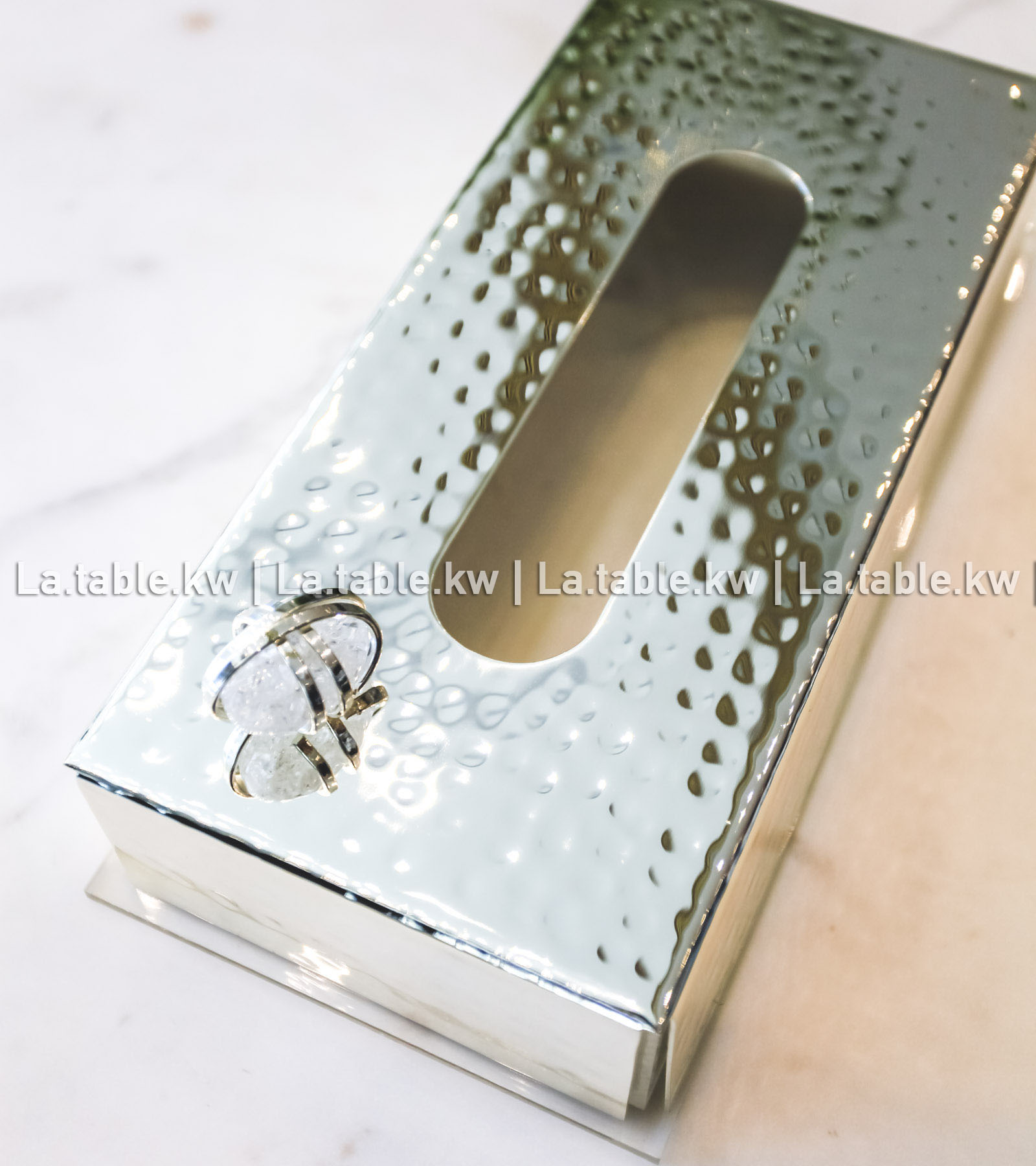 White Stone Designed Chrome Tissue Box / علبة مناديل من الكروم بتصميم الحجر الابيض